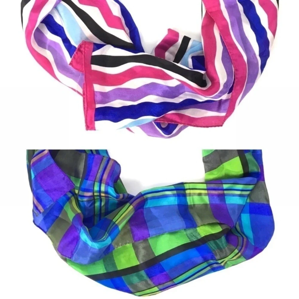 VINTAGE Head Scarves 100% Silk Plaid Retro Stripes Kitsch Rockabilly 50s Style